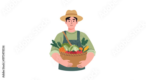 Man holding basket of fresh vegetables.