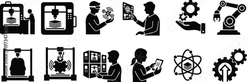 Industry 4.0 silhouettes, 3D printing icons, robotics automation, augmented reality, engineering innovation, smart manufacturing vector set for technology design