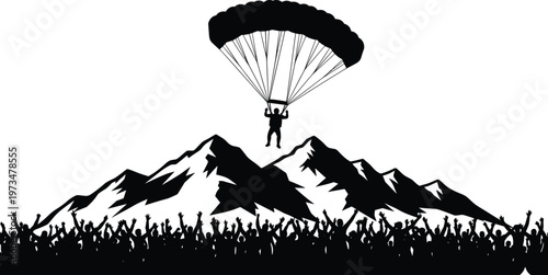 Parachuting silhouette vector, mountain landscape icons, cheering crowd pictograms, adventure outdoor illustration, extreme sport design set for celebration