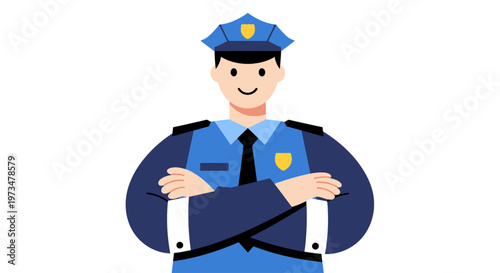 Smiling police officer in blue uniform.