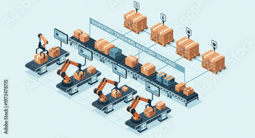 Robotic arms automated assembly line handling cardboard boxes.