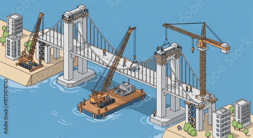 Sea Bridge Construction Site With Cranes And Piers.