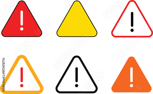 A set of colorful warning signs with exclamation marks on a white background