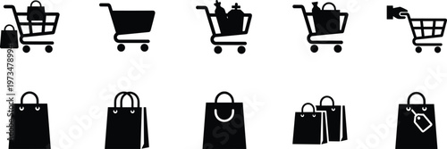 Shopping cart icons, retail bag silhouettes, e‑commerce vector set, checkout pictograms, online store design illustration for commerce marketplace