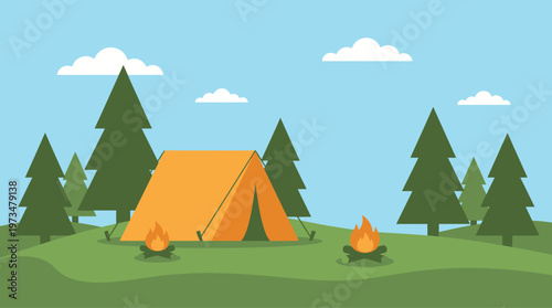 Camping in a serene forest landscape.