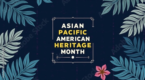 Asian Pacific American Heritage Month Title Over Blue Tropical Leaves.
