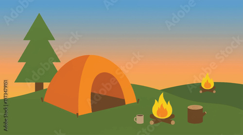 Camping scene with tent and campfire.