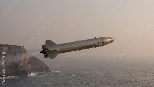 High-resolution missile launched cliff overlooking ocean center hovering low vast expanse which stretches hori