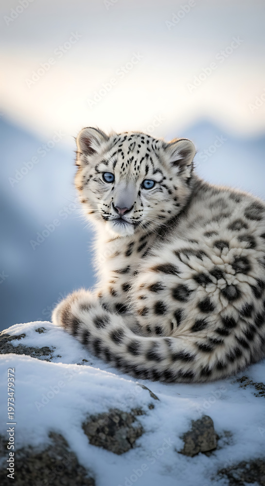 Fototapeta premium Adorable Snow Leopard Cub Sitting on Snowy Rock.