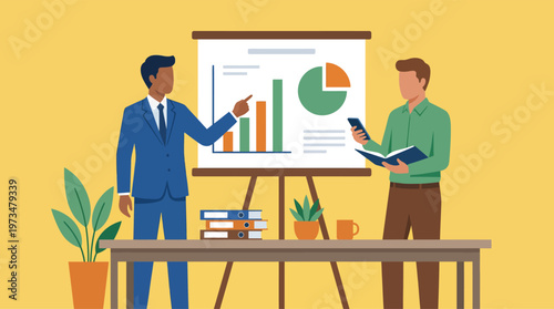 Two businessmen presenting data on charts.