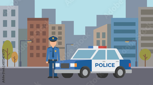 Police officer standing next to police car.