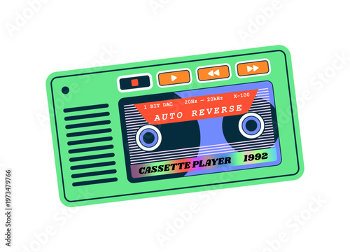 Retro portable cassette player sticker, Y2K aesthetic mint walkman with holographic details, 90s vintage audio gadget, isolated vector illustration