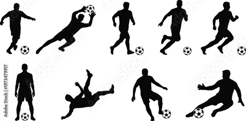 Soccer player silhouettes vector illustration, football athletes in action, goalkeeper saving ball, kicking, running, competitive sports icons set isolated on white background, professional.