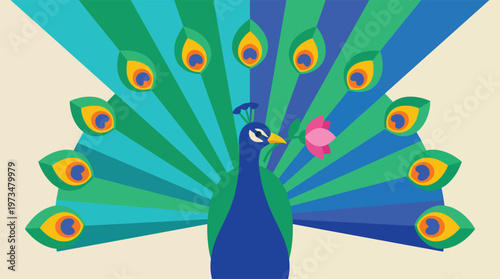 Vibrant peacock displaying colorful plumage feathers.