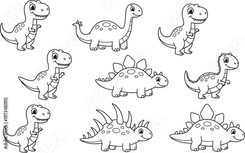 Collection of cute cartoon dinosaur line art characters featuring tyrannosaurus rex stegosaurus and brachiosaurus for children coloring book vector.