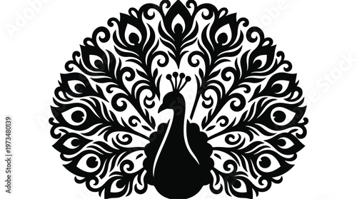 Black peacock with ornate feather design.