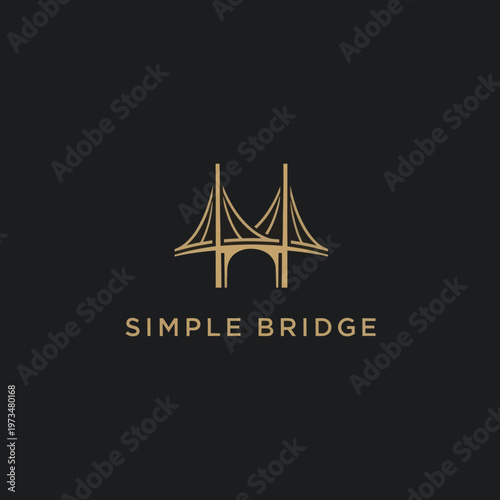 Minimalist suspension bridge logo design, simple elegant structure, golden lines on black