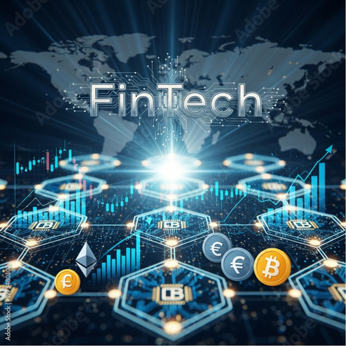 Digital Fintech Network With Cryptocurrency Icons And Nodes.