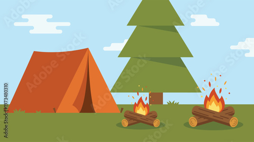 Camping scene with tent and campfire.