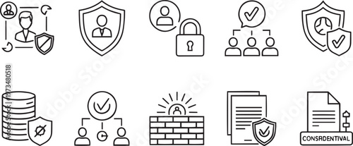 Data Confidentiality and Cyber Security Protection Line Icon Set for Business Privacy