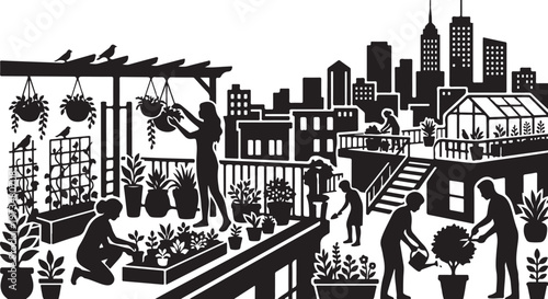 Silhouetted people tending rooftop gardens in a city with skyscrapers in the background