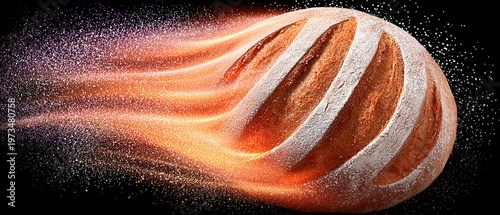Dynamic Flour Splash Over Rustic Artisan Bread Loaf In Motion — Bakery Baking Concept