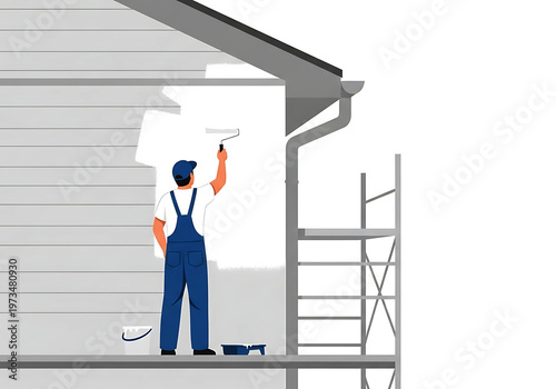 Professional painter working on exterior house wall with roller