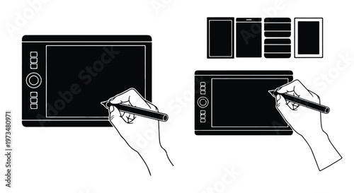 Hands holding digital drawing tablets pens.