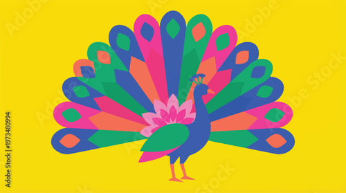 Vibrant peacock with colorful feathers spread.