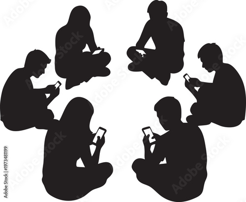 A group of individuals engrossed in their smartphones while sitting in close proximity to each other