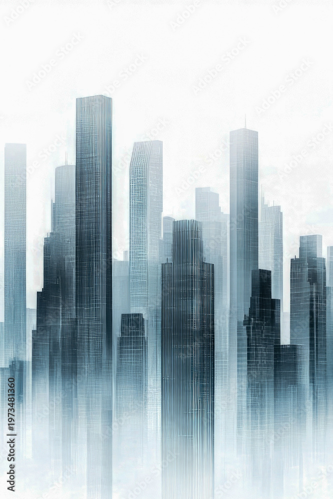 Fototapeta premium A city with tall buildings shrouded in fog vertical frame