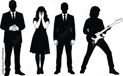 Diverse collection of people silhouettes including professional businessmen in suits a woman covering her face and a rock musician playing electric guitar isolated