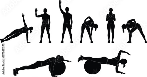 Collection of athletic woman silhouettes performing various fitness exercises stretching yoga poses and stability ball workouts isolated on a white background for sports design