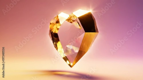 Translucent geometric heart shape with golden edges and faceted surfaces floating on a soft pink and orange gradient background with light reflections and subtle lens flare effect.