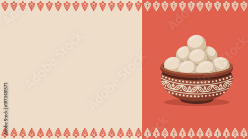 Indian Bengali festival background with bowl of rosogolla sweets and copy space for text placement