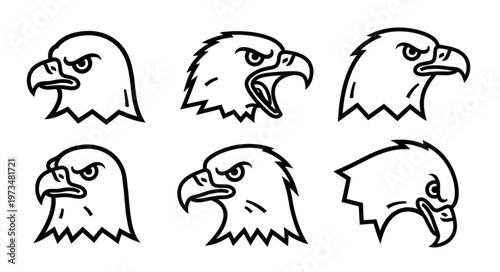Set of Six Stylized Eagle Head Line Drawings.
