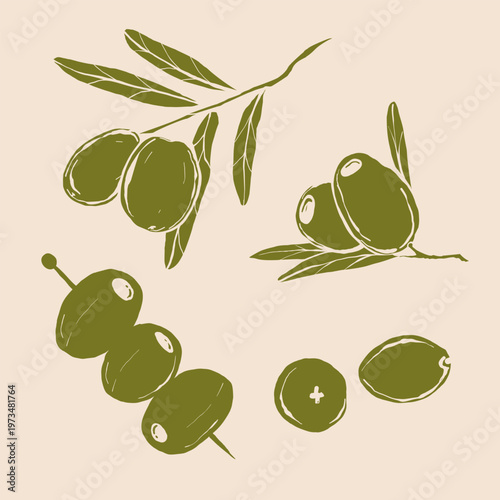 Realistic set green olives, olive branch with green leaves. Elements for cosmetic, food, ads, oil design
