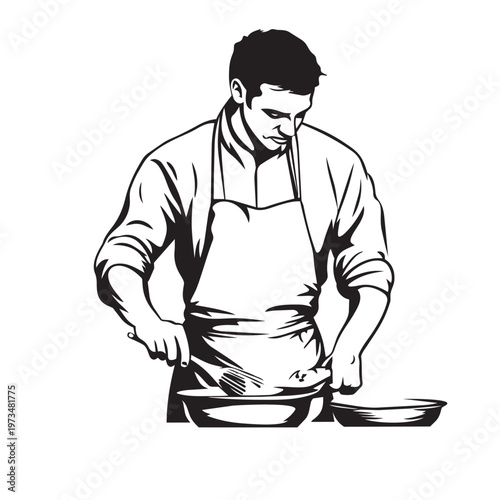 man wearing an apron cooking