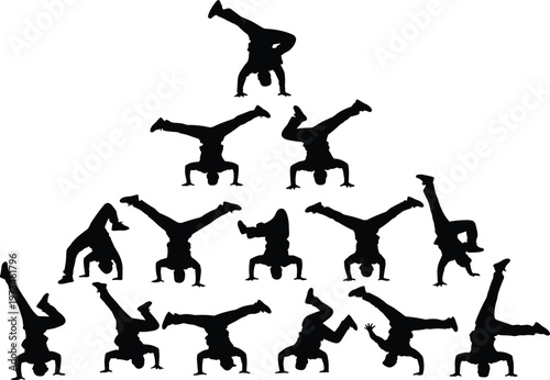 Large collection of breakdancer silhouettes performing handstands and acrobatic urban dance moves in various dynamic poses isolated on a clean white background