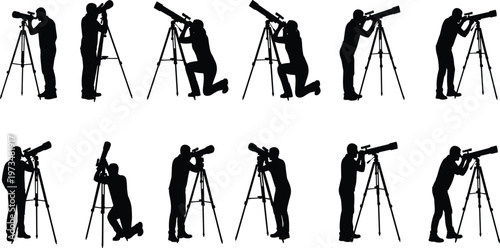 Set of astronomer silhouettes using telescopes on tripods for stargazing and space observation in various standing and kneeling poses isolated on white background