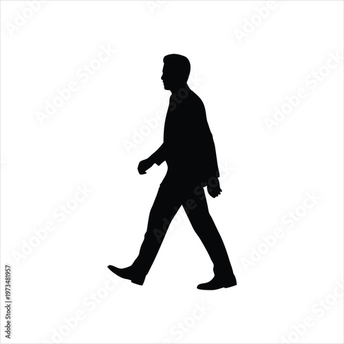 A silhouette of a man walking alone in a plain white background