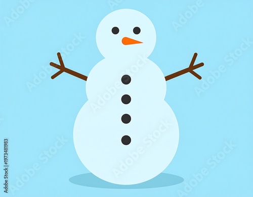 Simple snowman cartoon. Three stacked snowballs, stick arms, carrot nose, black eyes & buttons