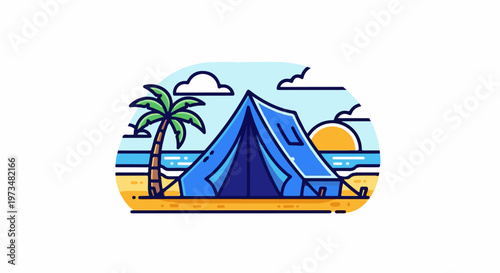 A blue tent is set up on a sandy beach next to a palm tree