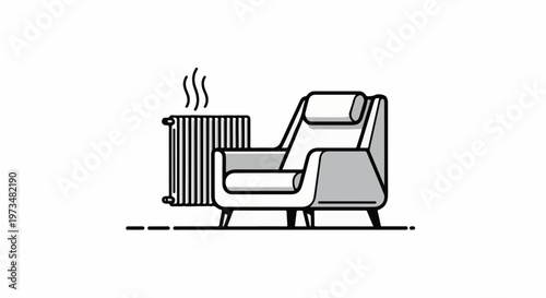 A white armchair sits next to a radiator with steam rising