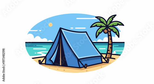 Blue tent on a sandy beach under a sunny sky next to a palm tree and the ocean