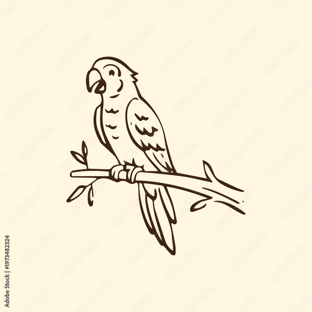 Fototapeta premium Parrot on branch hand drawn vector line art illustration. Tropical bird isolated. Perfect for nature design, wildlife illustration, logo, and decor.