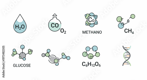 Collection of simple molecular structure diagrams and a DNA helix
