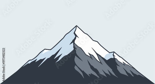Stylized peak with snow-capped summit, dark rocky base, against a pale blue sky