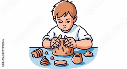 A child intently crafts figures from clay, surrounded by miniature creations