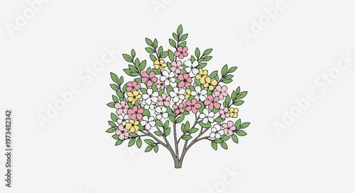 A stylized illustration of a flowering bush with pink, white, and yellow blossoms and green leaves on a white background